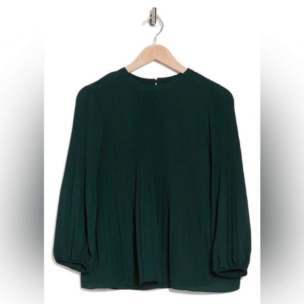 NWT Adrianna Papell Pleated Georgette Crepe Blouse in Evergreen Green Dot Small